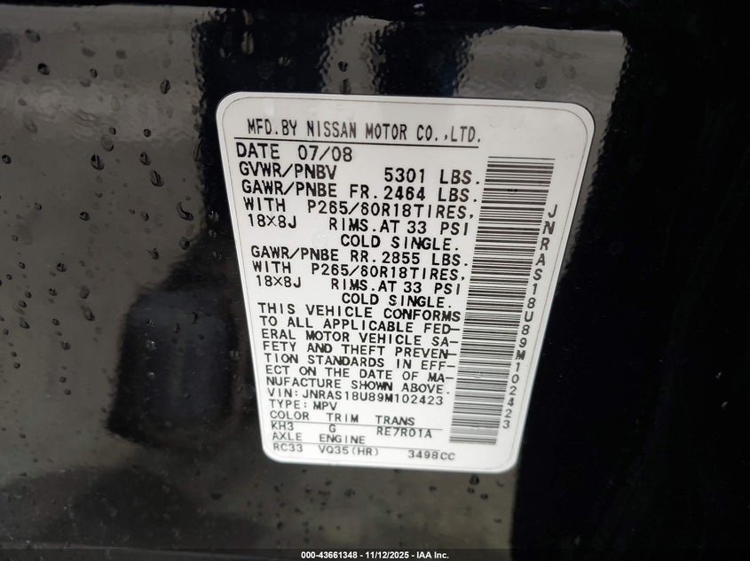 2009 Infiniti Fx35 VIN: JNRAS18U89M102423 Lot: 43661348