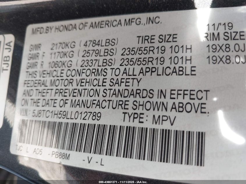 2020 Acura Rdx Technology Package VIN: 5J8TC1H59LL012789 Lot: 43661371