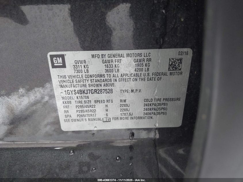 2016 Cadillac Escalade Luxury Collection VIN: 1GYS4BKJ7GR287528 Lot: 43661374