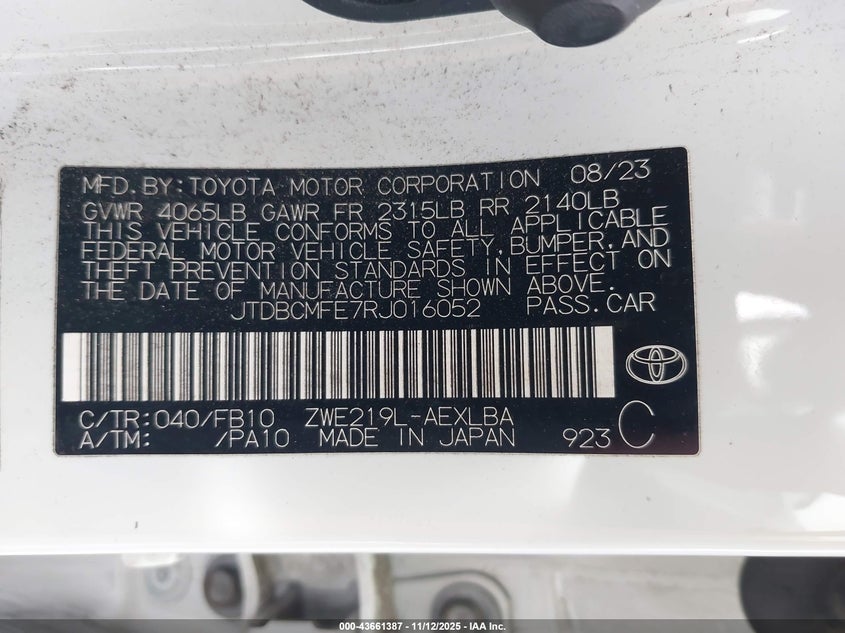 VIN JTDBCMFE7RJ016052 2024 TOYOTA COROLLA HYBRID LE