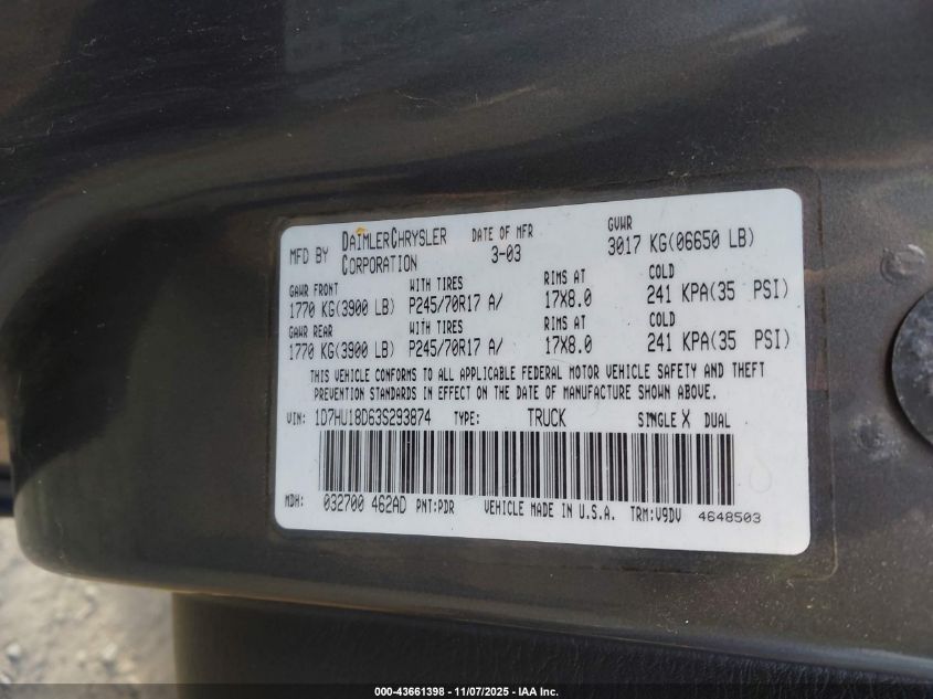 2003 Dodge Ram 1500 Slt/Laramie/St VIN: 1D7HU18D63S293874 Lot: 43661398