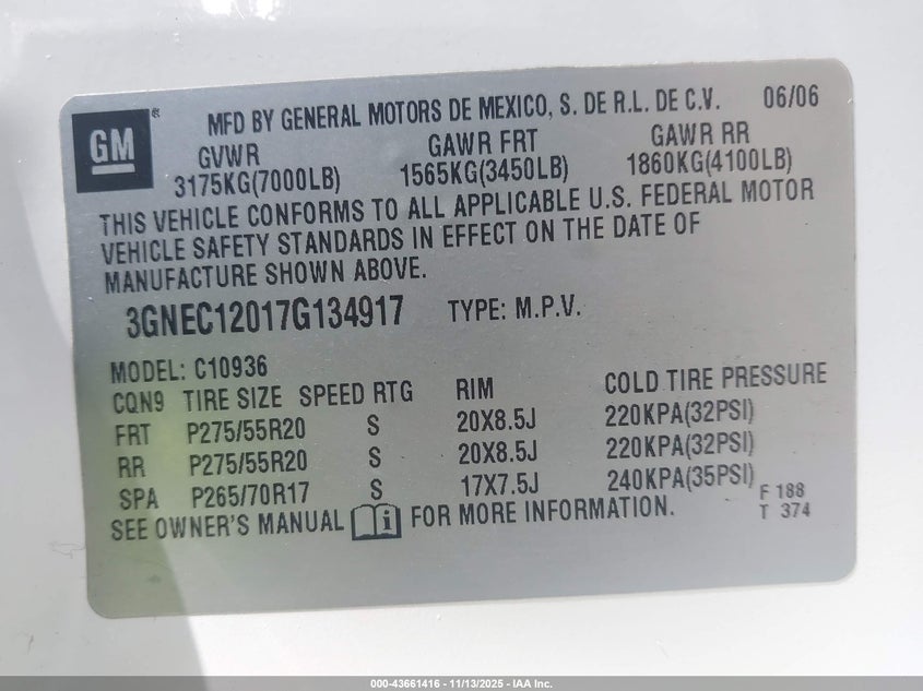 2007 Chevrolet Avalanche 1500 Lt VIN: 3GNEC12017G134917 Lot: 43661416