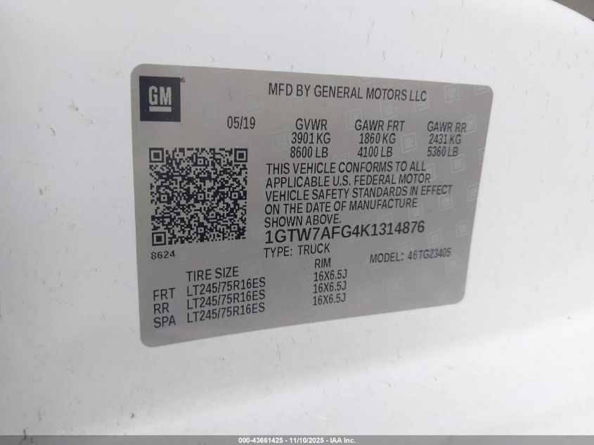 2019 GMC Savana 2500 Work Van VIN: 1GTW7AFG4K1314876 Lot: 43661425