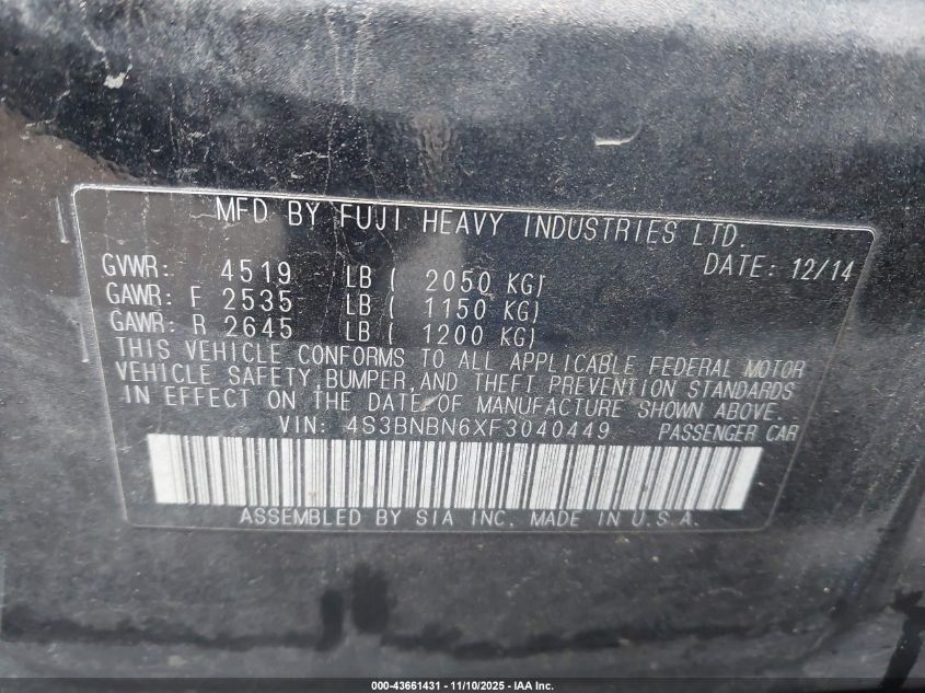 2015 Subaru Legacy 2.5I Limited VIN: 4S3BNBN6XF3040449 Lot: 43661431