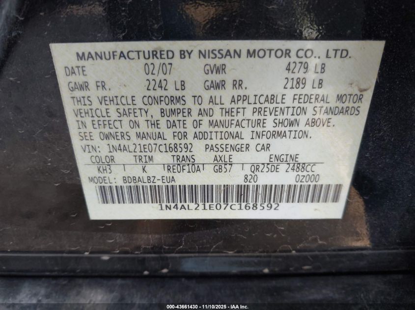 2007 Nissan Altima 2.5 S VIN: 1N4AL21E07C168592 Lot: 43661430