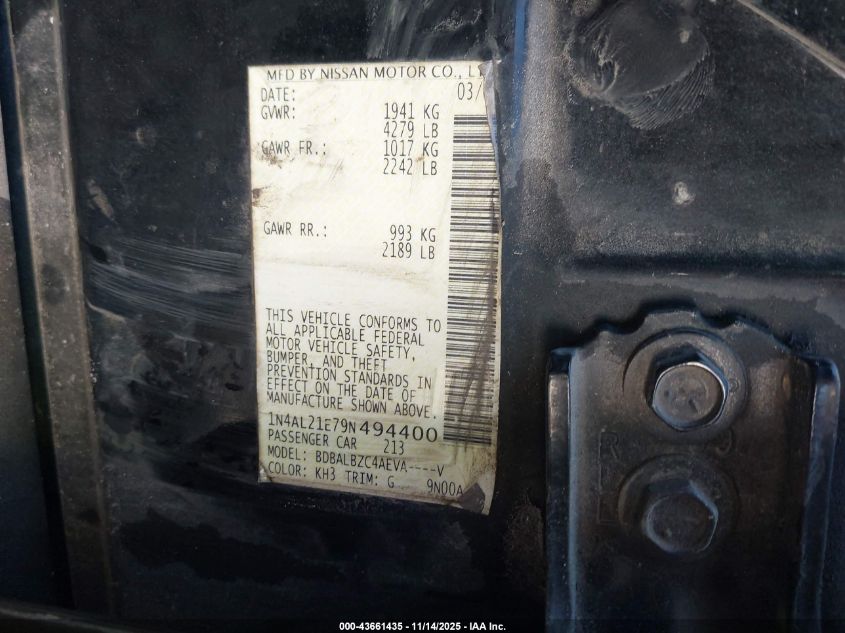2009 Nissan Altima 2.5 S VIN: 1N4AL21E79N494400 Lot: 43661435