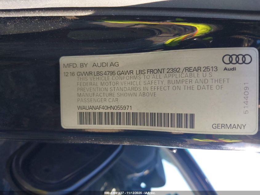 2017 Audi A4 2.0T Premium VIN: WAUANAF40HN055971 Lot: 43661437