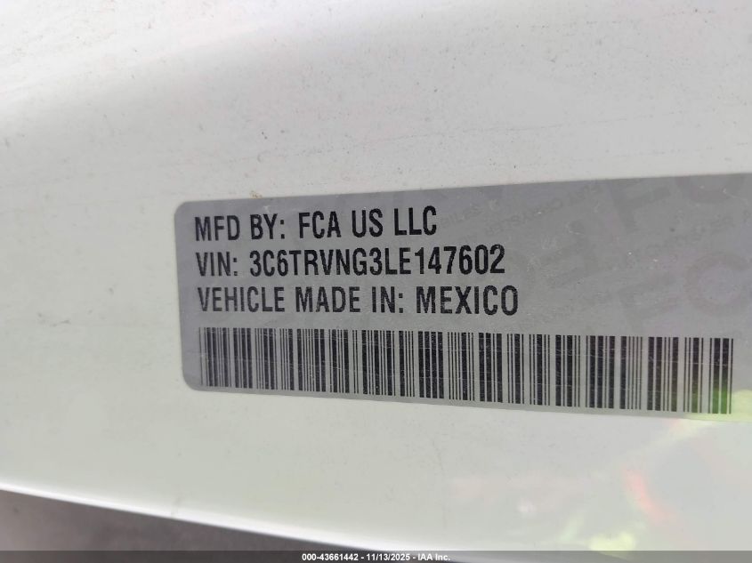 2020 Ram Promaster 1500 Low Roof 118 Wb VIN: 3C6TRVNG3LE147602 Lot: 43661442
