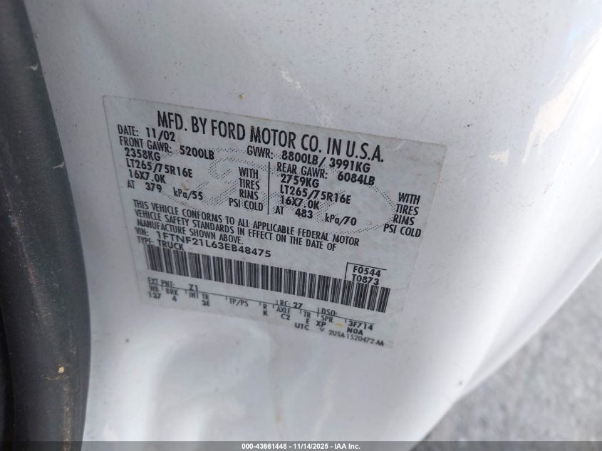 2003 Ford F-250 Xl/Xlt VIN: 1FTNF21L63EB48475 Lot: 43661448