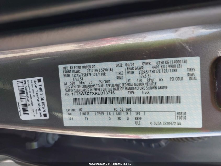 2024 Ford F-350 Xl VIN: 1FT8W3DTXRED73716 Lot: 43661463