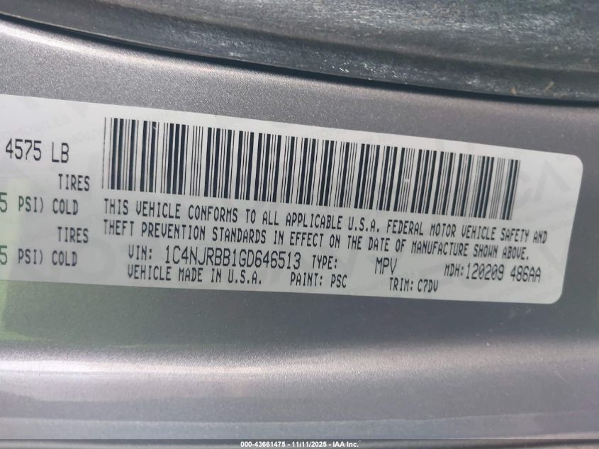 2016 JEEP PATRIOT SPORT 1C4NJRBB1GD646513