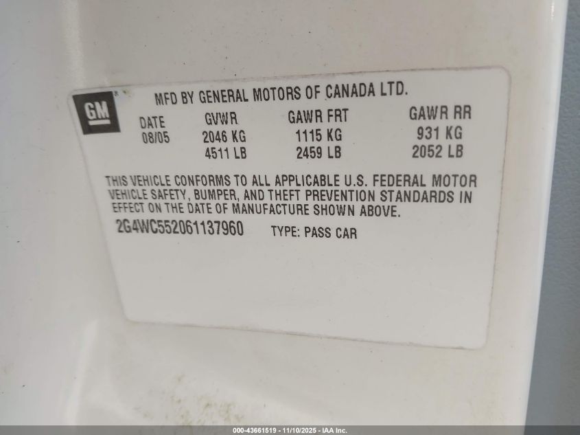 2006 Buick Lacrosse Cx VIN: 2G4WC552061137960 Lot: 43661519