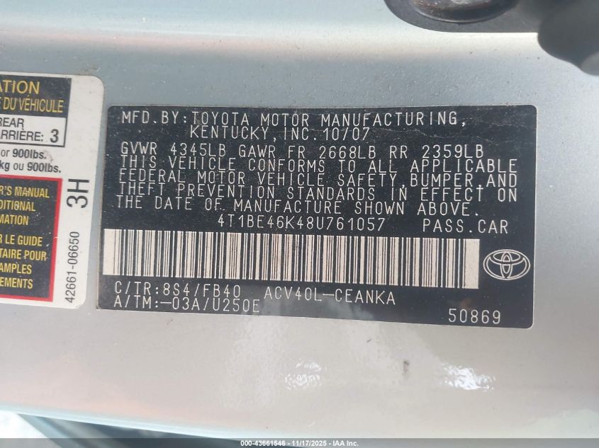 2008 Toyota Camry Le VIN: 4T1BE46K48U761057 Lot: 43661546