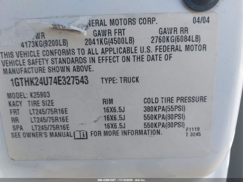 2004 GMC Sierra 2500Hd Work Truck VIN: 1GTHK24U74E327543 Lot: 43661557