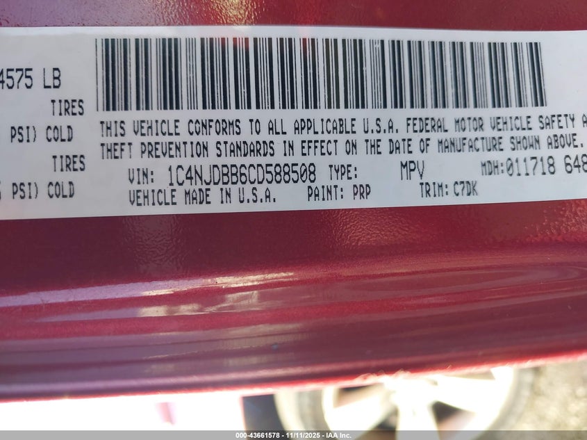 2012 Jeep Compass Sport VIN: 1C4NJDBB6CD588508 Lot: 43661578