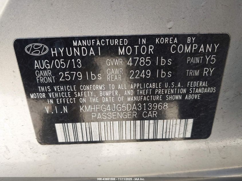2013 Hyundai Azera VIN: KMHFG4JG5DA313968 Lot: 43661586