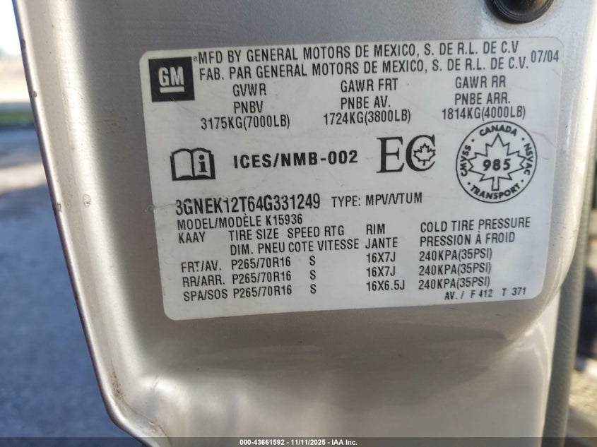 2004 Chevrolet Avalanche 1500 VIN: 3GNEK12T64G331249 Lot: 43661592