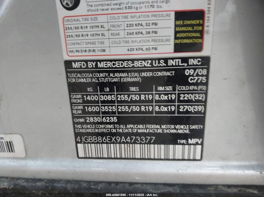 2009 Mercedes-Benz Ml 350 4Matic VIN: 4JGBB86EX9A473377 Lot: 43661598