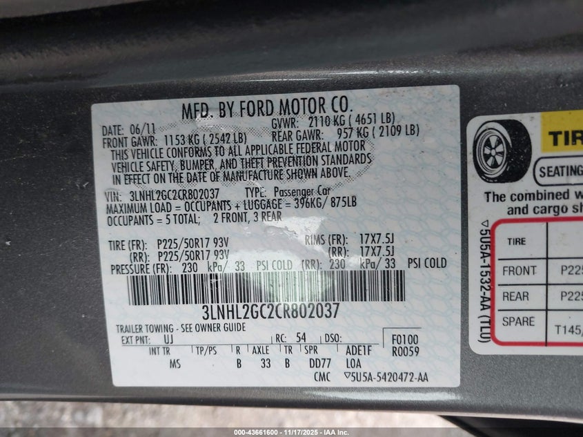 2012 Lincoln Mkz VIN: 3LNHL2GC2CR802037 Lot: 43661600