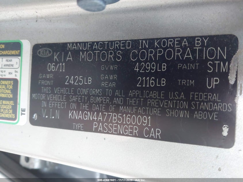 KNAGN4A77B5160091 2011 KIA OPTIMA photo no. 9