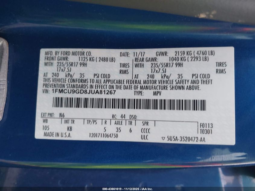 2018 Ford Escape Se VIN: 1FMCU9GD8JUA81267 Lot: 43661619