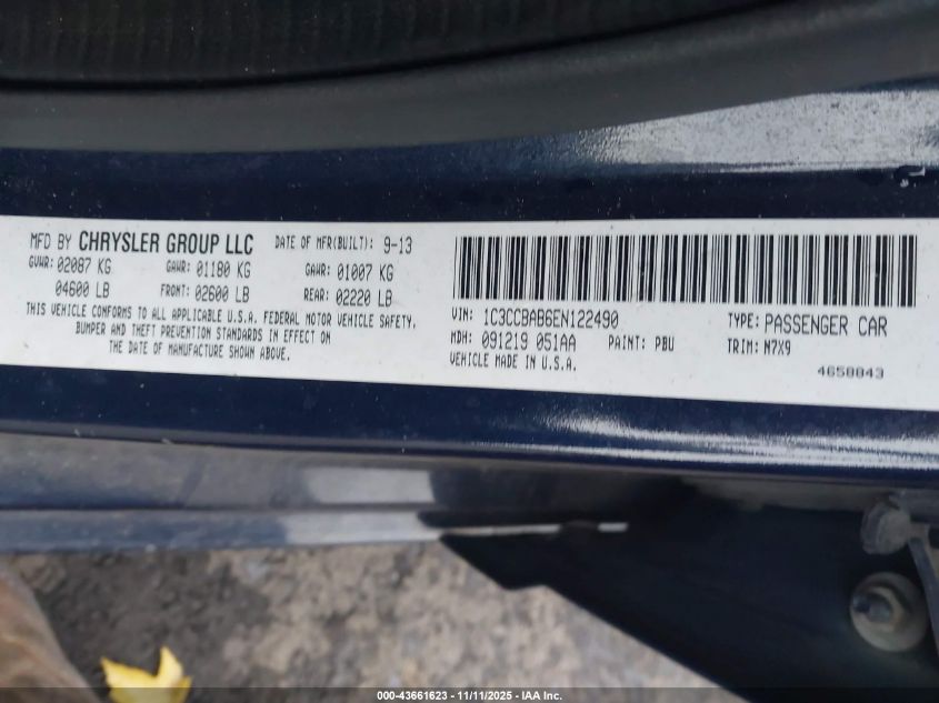 2014 Chrysler 200 Lx VIN: 1C3CCBAB6EN122490 Lot: 43661623