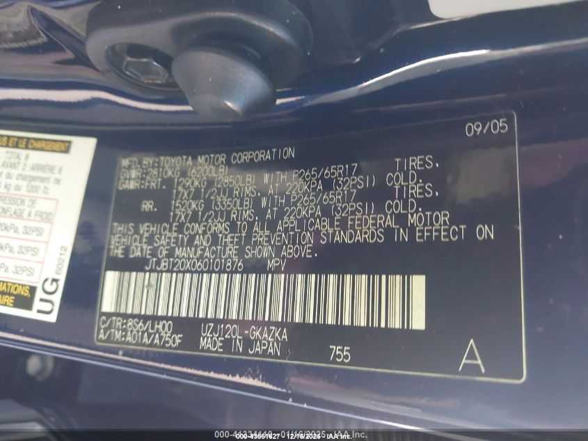 2006 Lexus Gx 470 VIN: JTJBT20X060101876 Lot: 43661627