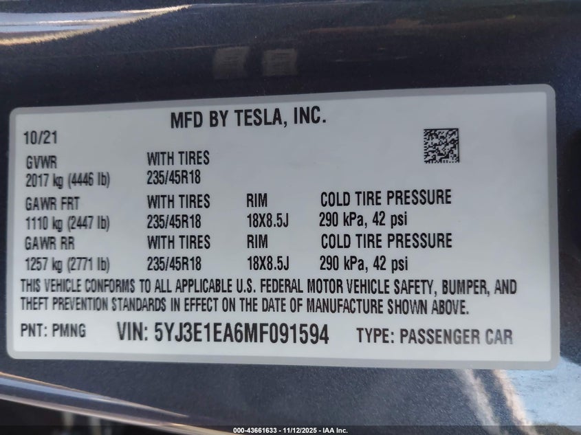 2021 Tesla Model 3 Standard Range Plus Rear-Wheel Drive VIN: 5YJ3E1EA6MF091594 Lot: 43661633