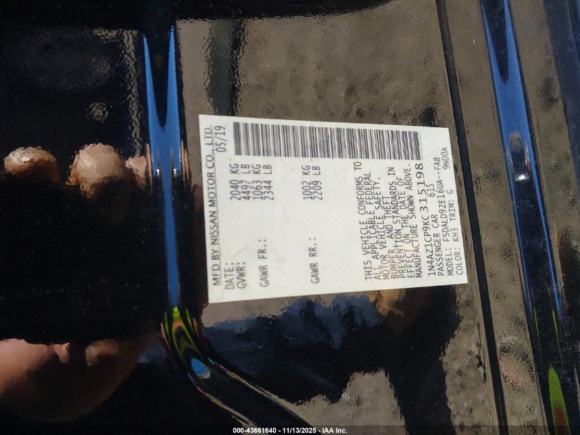 2019 Nissan Leaf Sv VIN: 1N4AZ1CP9KC315198 Lot: 43661640