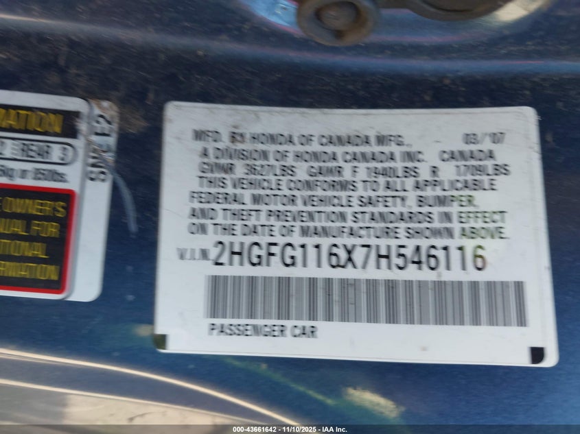 2HGFG116X7H546116 2007 HONDA CIVIC photo no. 9