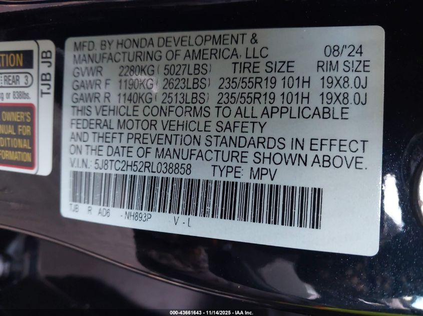 2024 Acura Rdx Technology Package VIN: 5J8TC2H52RL038858 Lot: 43661643