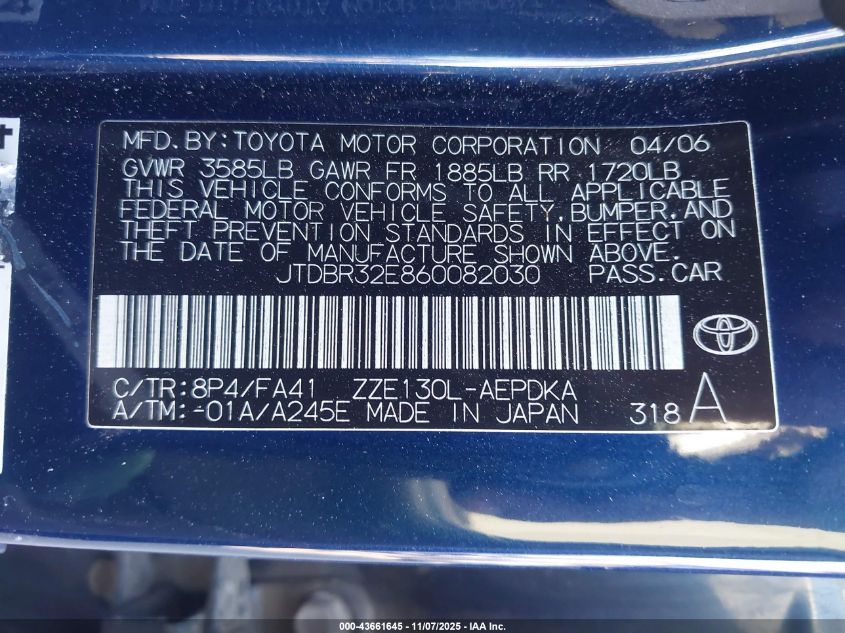 2006 Toyota Corolla Ce VIN: JTDBR32E860082030 Lot: 43661645