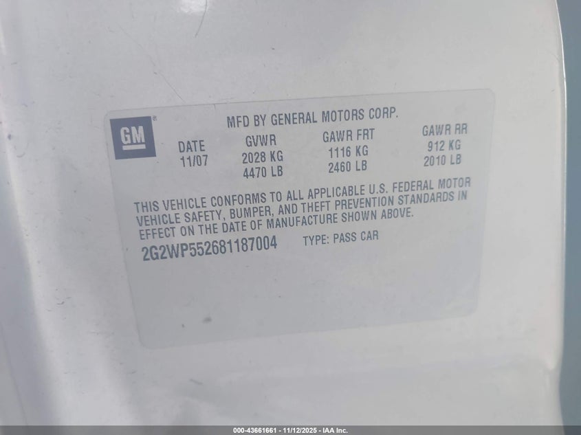 2008 Pontiac Grand Prix VIN: 2G2WP552681187004 Lot: 43661661