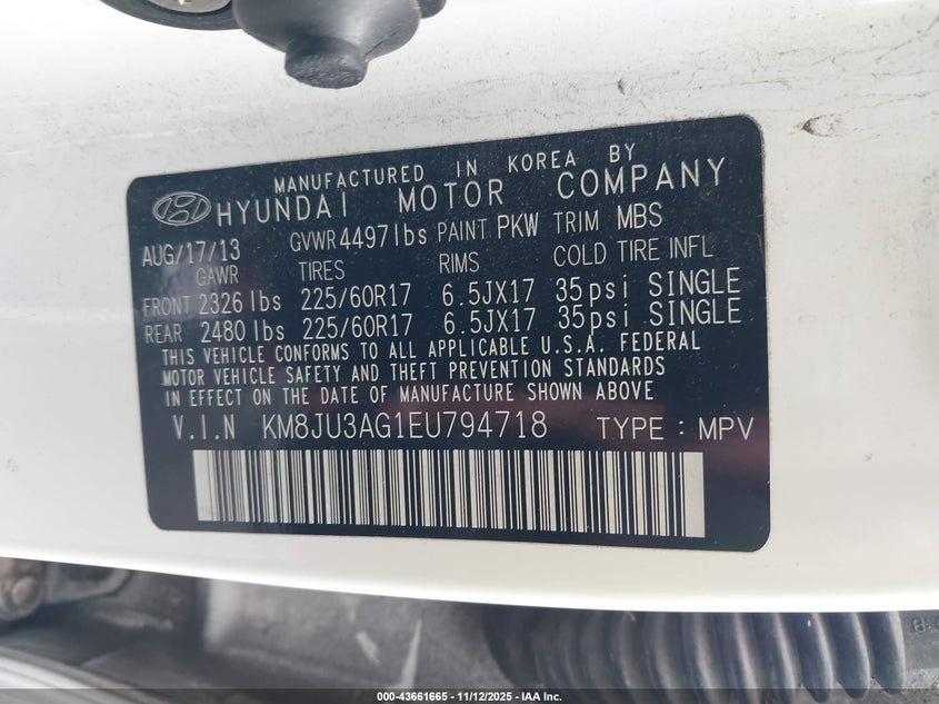 2014 Hyundai Tucson Se VIN: KM8JU3AG1EU794718 Lot: 43661665