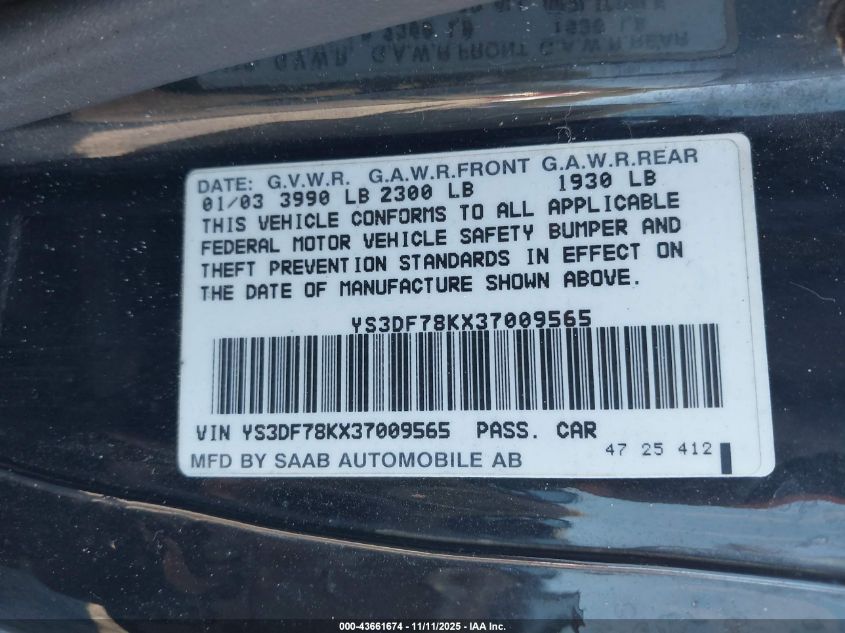 2003 Saab 9-3 Se VIN: YS3DF78KX37009565 Lot: 43661674