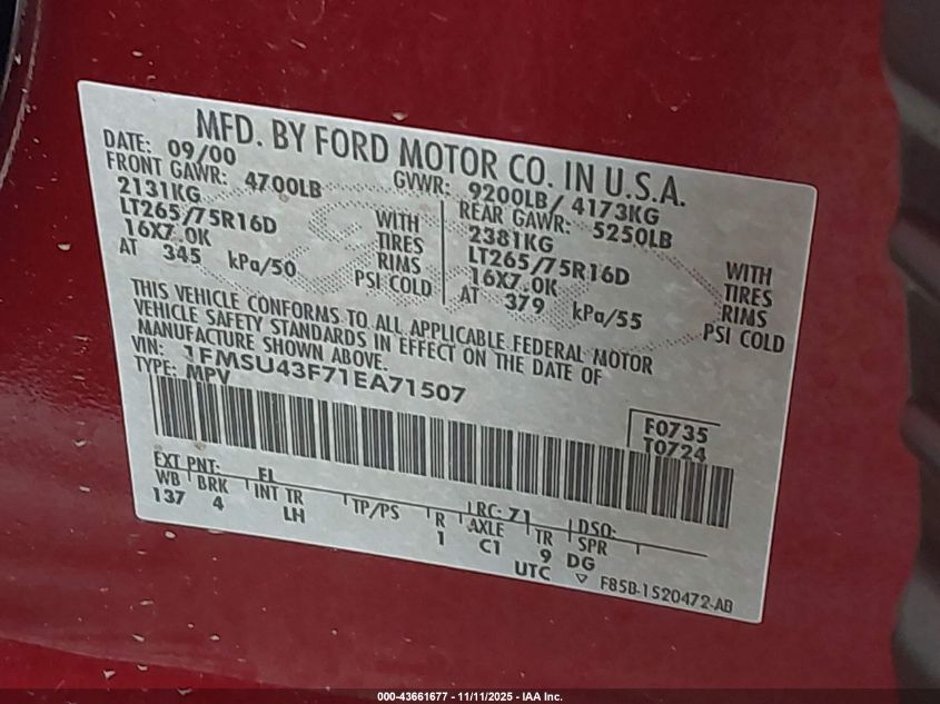 2001 Ford Excursion Limited VIN: 1FMSU43F71EA71507 Lot: 43661677