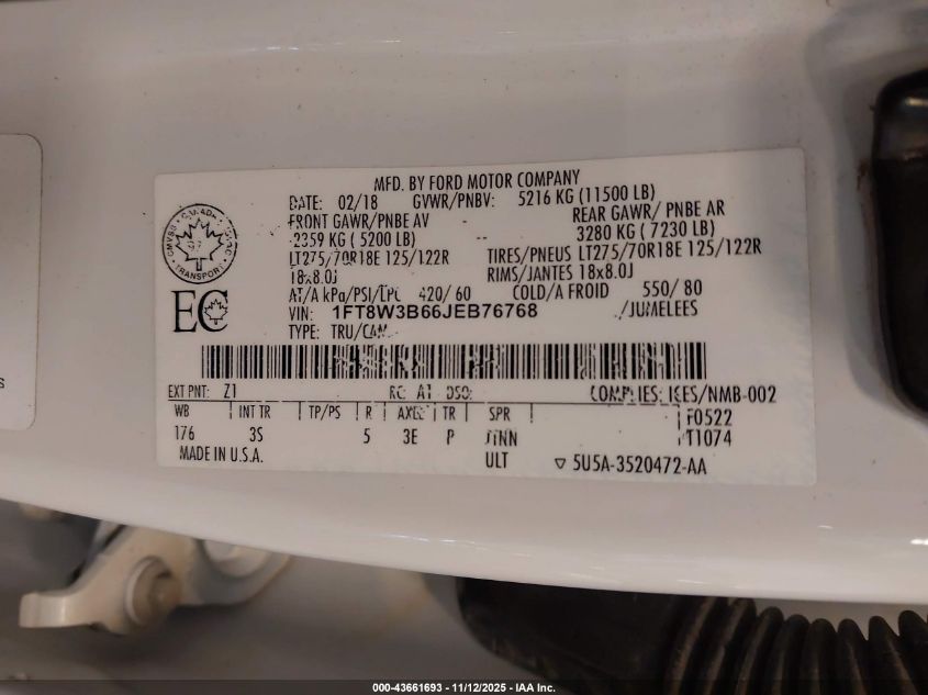 2018 Ford F-350 Xlt VIN: 1FT8W3B66JEB76768 Lot: 43661693