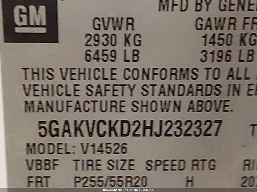 2017 Buick Enclave Premium VIN: 5GAKVCKD2HJ232327 Lot: 43661700