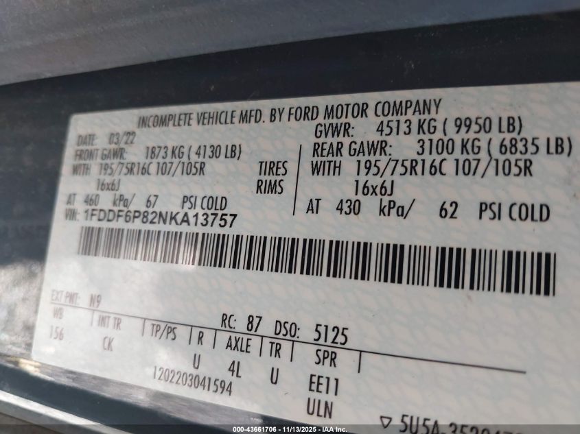 2022 Ford Transit-350 Cutaway VIN: 1FDDF6P82NKA13757 Lot: 43661706