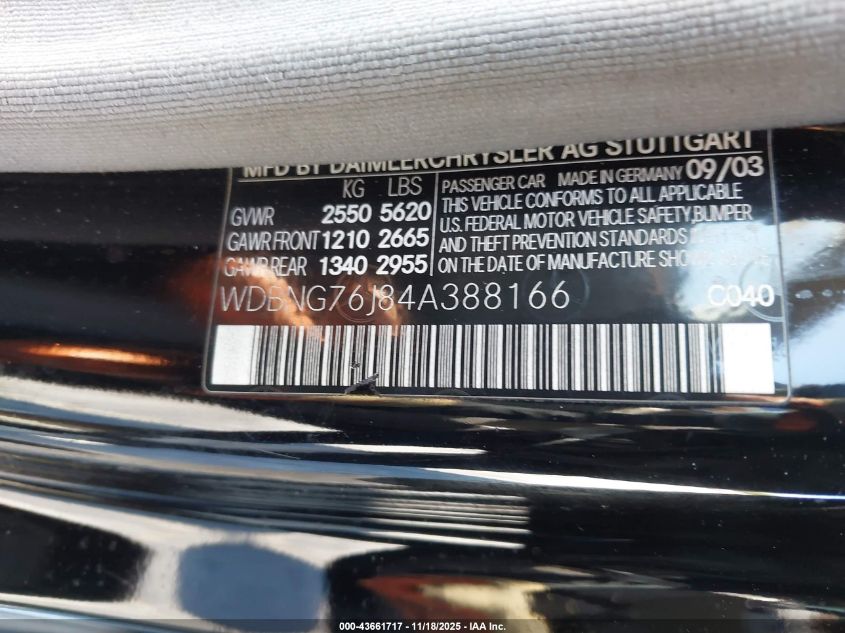 2004 Mercedes-Benz S 600 VIN: WDBNG76J84A388166 Lot: 43661717