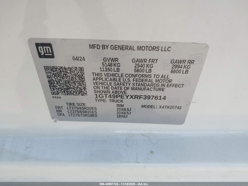 2024 GMC Sierra 2500Hd 4Wd Standard Bed At4 VIN: 1GT49PEYXRF397614 Lot: 43661724
