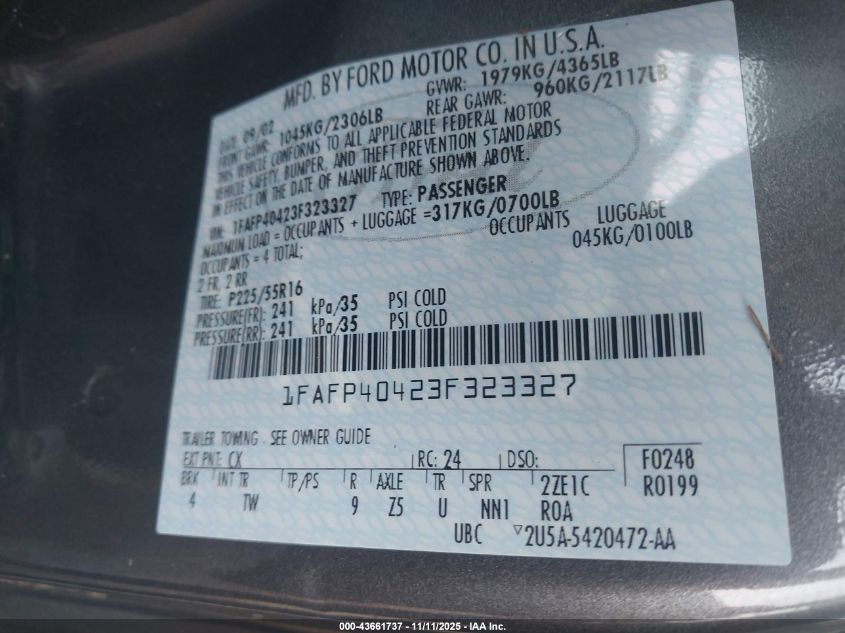 2003 Ford Mustang VIN: 1FAFP40423F323327 Lot: 43661737