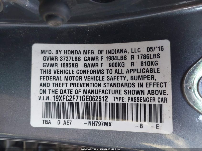 2016 Honda Civic Ex VIN: 19XFC2F71GE062512 Lot: 43661736