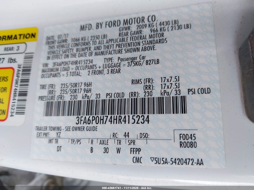 2017 Ford Fusion Se VIN: 3FA6P0H74HR415234 Lot: 43661741