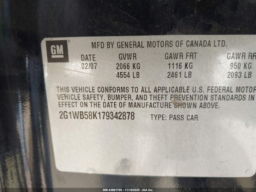 2007 Chevrolet Impala Ls VIN: 2G1WB58K179342878 Lot: 43661785