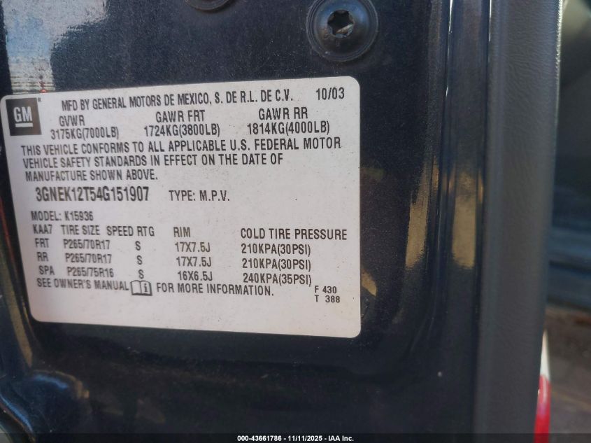 2004 Chevrolet Avalanche K1500 VIN: 3GNEK12T54G151907 Lot: 43661786