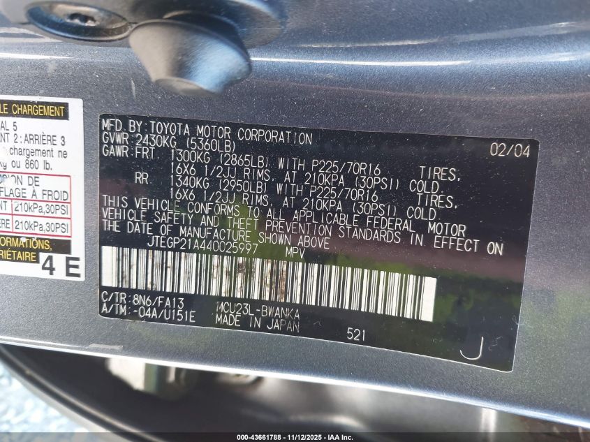 2004 Toyota Highlander V6 VIN: JTEGP21A440025997 Lot: 43661788