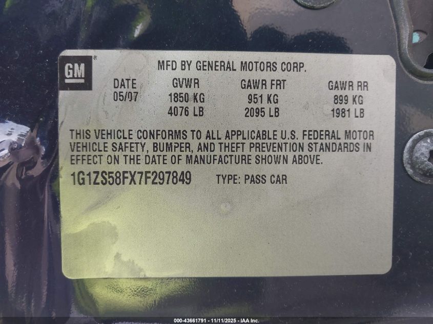 2007 Chevrolet Malibu Ls VIN: 1G1ZS58FX7F297849 Lot: 43661791
