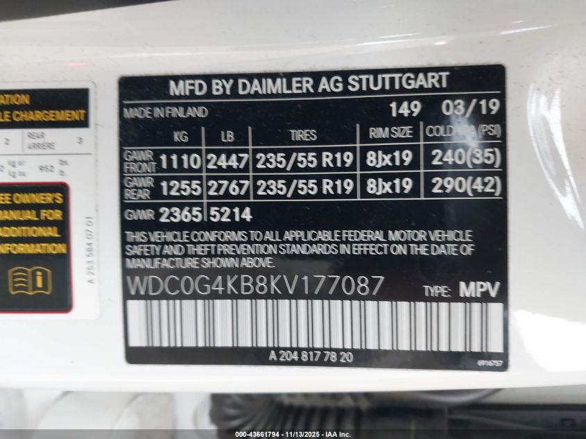 2019 Mercedes-Benz Glc 300 4Matic VIN: WDC0G4KB8KV177087 Lot: 43661794