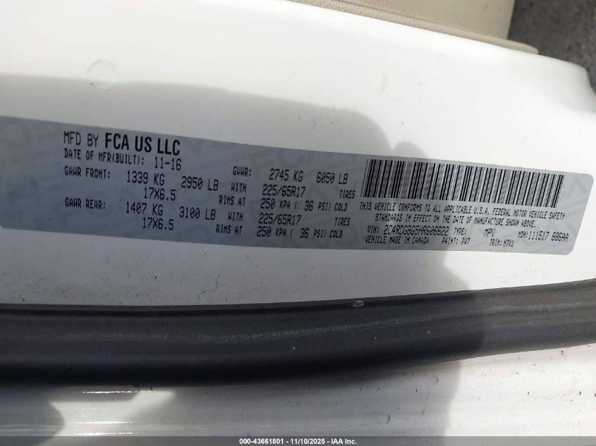 2017 Dodge Grand Caravan Se VIN: 2C4RDGBG5HR606622 Lot: 43661801